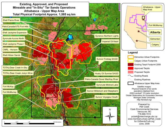 Mineable Tar Sands Region-- Existing, Approved and Proposed Projects compared to Edmonton and Calgary